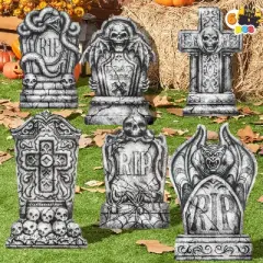 Joyfy 6 Pcs 15.7" Halloween Tombstones Outdoor Cemetery Decor, RIP Plastic Headstones Prop with 12 Metal Stakes for Yard Lawn Graveyard Decor