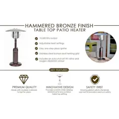 Fire Sense Portable Patio Heater Outdoor Tabletop Lightweight Propane 10,000 BTU Auto-Shutoff Valve ODS Compliant - Hammer Tone Bronze