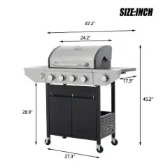 CAVINAS 5-Burner Propane Gas BBQ Grill,46500BTU Output Outdoor Grill with Side Burner&Foldable Side Table,Enameled Cast Iron Cooking Grids