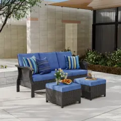 SUGOLD 3-Piece Hand Woven Wicker Patio Seating Group with Blue Cushions