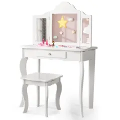 Costway Kid Vanity Table Set with Tri-folding Mirror 2-in-1 Makeup Dressing Table Stool Set