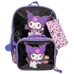 Sanrio&rsquo;s Kuromi 4 Piece Backpack Set, Hello Kitty Kawaii Flip Sequin Girls School Bag with Front Zip Pocket, 2 Side Mesh Pockets, Black & Purple