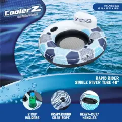 Bestway 15496 CoolerZ Rapid Rider Inflatable River Lake Pool Inner Tube Float with Built In Backrest and Wrap Around Grab Rope, Blue Hexagon