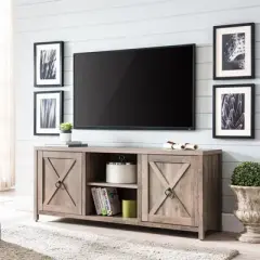 58" Modern Farmhouse Double Sliding Door Gray Oak Wood TV Stand - Henn&Hart