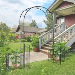 Outsunny 86" Garden Arbor Arch Gate with Trellis Sides for Climbing Plants, Wedding, Grape Vines with Locking Doors & Planter Baskets, Black