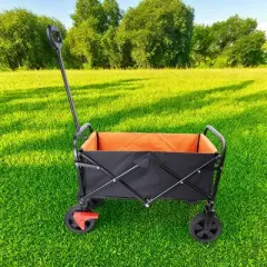 FURNIinspire Wheelbarrows And Lawn Carts Folding Wagon Garden Cart, Lawn Cart With Solid Wheels And Handle, Black And Orange, 30&ldquo;*15"*36"