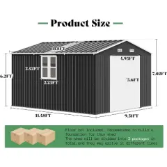 AMERLIFE 10x12x7 FT Steel Storage Shed with 2 4-Pane Windows, Hinged Double Doors, Dark Grey/White
