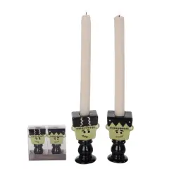 Transpac Dolomite Frankenstein Candle Holders Set of 2 Multicolor Ceramic Halloween Decor for Tabletop and Mantel