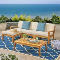 Outdoor Sectional Sofa Set, 3 Pcs Acacia Sofa Set for 3 People, Sectional Sofas with Acacia Table, Wood Frame and PE Cushions-Coolbibila