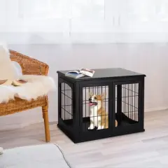PawHut 26" Wooden Dog Crate, Furniture Style Pet Cage Kennel, End Table, with Lockable Double Door Entrance, and Top Shelf