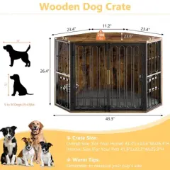 VECELO 43.3" Dog Crate, Indoor Dog Kennel Indoor with Cushion & 2 Removable Trays, Wooden Decorative Pet House for Large/Medium Dogs, Brown