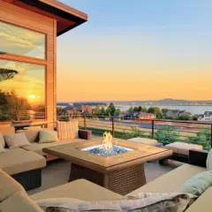 Kinger Home 42-inch Propane Fire Pit Table with Tile Tabletop, 50,000 BTU CSA Certified, Rattan Wricker Aluminum Frame, Accessories Included, Brown