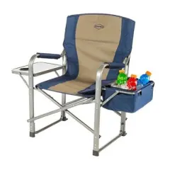 Kamp-Rite Director Portable Lounge Chair Outdoor Furniture Folding Sports Chair with Side Table, Cup Holder, and 12 Can Ice Cooler, Navy (2 Pack)