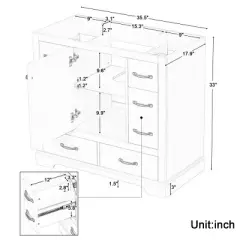 36" Bathroom Vanity without Sink, Cabinet Base Only, Six Drawers, Multi-Functional Drawer Divider, Adjustable Shelf
