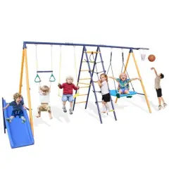 TopComfy Playground Swings 7 in 1 Swing Set with Climbing Net and Slide for Backyard Play, Multicolored, 159.7"*70.5"*79.5"
