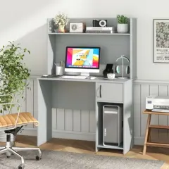 Computer Desk w/ Hutch Home Office Desk w/ Adjustable Shelf Modern Writing Table PC Desk with CPU Stand & Door Cabinet 2 Cable Management Holes