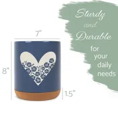 Elanze Designs Floral Heart Flowers Arrangement Ceramic Cork Bottom Navy Blue Large Capacity Utensil Holder Crock for Countertop Storage, Stylish &