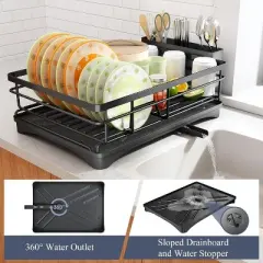 DOMETOUR Dish Drying Rack, Stainless Steel Dish Rack for Sink, Large Dish Rack with Drainboard,Rustproof Dish Drainer with Utensil Holder for Kitchen