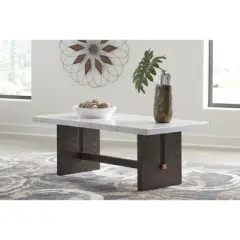 Signature Design by Ashley Burkhaus Traditional Rectangular Coffee Table with Marble Tabletop, Dark Brown & White