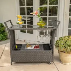 GDFStudio Lourdes Outdoor Wicker and Aluminum Serving Bar Cart