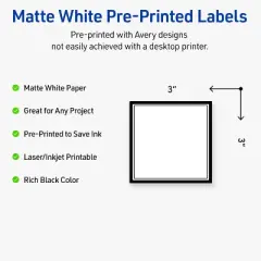 Avery Printable Square Labels, Double Black Border, 3" x 3", Matte White Square Labels, Permanent, Laser/Inkjet, 60ct, Great for Product Labels