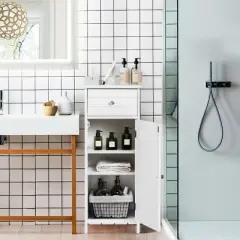 Costway Wooden Bathroom Floor Storage Cabinet Organizer with Drawer and Adjustable Shelf