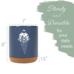 Elanze Designs 8 inch Ice Cream Waffle Cone Large Ceramic Kitchen Utensil Holder Navy Blue and White Crock with Cork Base