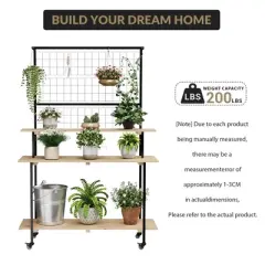 3 Tier Plant Stand with Wheels, Gridwall Display Stand with Gridwall Panels & Hanging Bar, Heavy Duty Metal Plant Shelf Rack for Home Garden