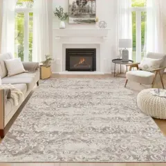 Soft Vintage Damask Distressed Large Bedroom Area Rug, Boho Abstract Non-Slip Rugs for Living Room Dining Room, Taupe, 9'x12'