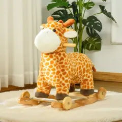 Qaba 2-in-1 Kids Plush Ride-On Rocking Horse Toy, Giraffe-shaped Plush Rocker with Realistic Sounds for Children 3 to 6 Years, Yellow