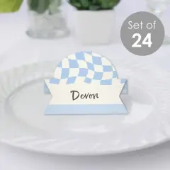 Big Dot of Happiness Blue Checkered Party - Tent Buffet Card - Table Setting Name Place Cards - Set of 24