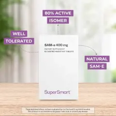 SuperSmart SAM-e 400mg (80% Active Isomer S,S) - Advanced S-Adenosyl Methionine SAM-e Supplement | Non-GMO & Gluten Free - 60 Enteric Coated Tablets