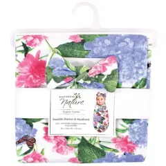 Touched by Nature Infant Girl Organic Cotton Swaddle Blanket and Headband, Hydrangea Monarch, 0-6 Months