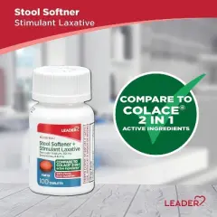 Leader Stool Softener Plus Stimulant Laxative Relieve Tablet 50mg, 100 Count
