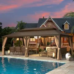 Erommy 14' X 24' Hardtop Gazebo, Galvanized Steel Metal Double Roof Aluminum Gazebos with Curtain and Netting