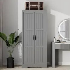 TiramisuBest Wardrobe Armoire, 2-Door Closet with Drawers & Hanging Rod, Twill Wooden Storage Cabinet, Modern White, 20.4"D x 31.5"W x 76.77"H