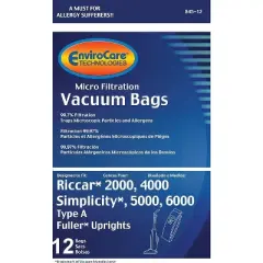 Riccar 2000, 4000 and Vibrance Series. Simplicity 5000, 6000 and Symmetry Type A Micro Filtration Vacuum Cleaner Dust Bags 12 pack