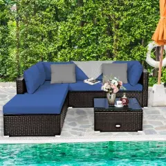 Tangkula 6PCS Patio Rattan Furniture Set Outdoor Sectional Sofa Set w/Coffee Table & Ottoman Black/Navy/Turquoise/Red/Brown