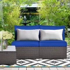 Costway 2PCS Patio Rattan Armless Sofa Sectional Furniture W/Navy Cushion