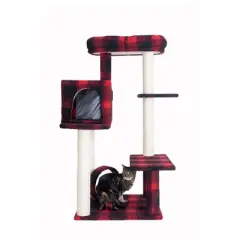 Armarkat B5008 50-Inch Classic Real Wood Cat Tree With Veranda, Bench, Mini perch, and Spacious Lounger In Scotch Plaid