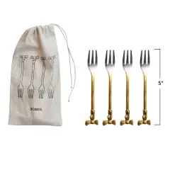 Storied Home 4-Piece Appetizer Forks with Gold Finish Bow Handles, Stainless Steel and Brass
