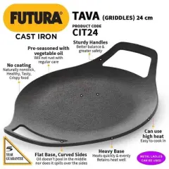 Hawkins Futura 24" Cast Iron Griddle Tava: Hand Wash, Gas Compatible, 1 Year Warranty, 4.2 lbs, Red