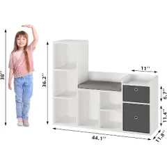 Homhougo Toy Storage Organizer with Reading Nook Kids Bookshelf White Bookcase Seat Cushion Wooden 6-Cubby Storage Bench Toddler Cabinet Shelf