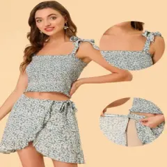 Allegra K Women's Summer Floral Print Smocked Top Mini Skirt Outfit Set 2 Pieces