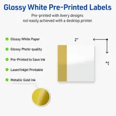 Avery Printable Square Labels, Gold-Dipped Edge, 2" x 2", Glossy White Square Labels, Permanent, Laser/Inkjet, 120ct, Great for Product Labels