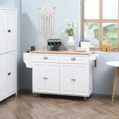 HOMCOM Rolling Kitchen Island on Wheels Utility Cart with Drop-Leaf and Rubber Wood Countertop, Storage Drawers, Door Cabinets, White