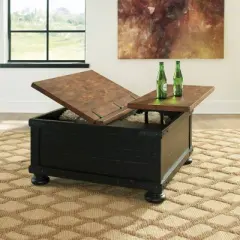 Valebeck Square Lift Top Cocktail Table Black/Brown - Signature Design by Ashley: Rustic Two-Tone, Pine Wood Veneer, 4-Leg Base