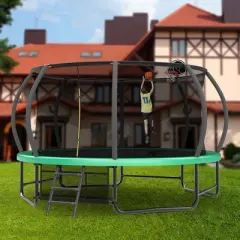 Okak 14FT Outdoor Trampoline with Enclosure Mesh, Toddler Trampoline with Ladder and Anti-Rust Coating, ASTM Approval Trampoline for Adult, Kid, Green