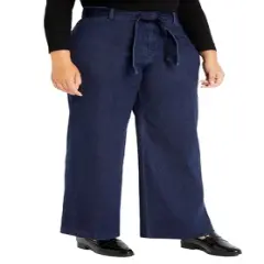 ELOQUII Women&rsquo;s Plus Size Petite Classic Fit Belted High Rise Wide Leg Jean