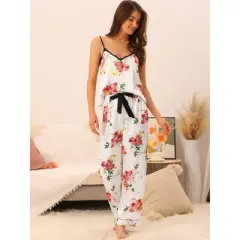 cheibear Women's Floral 2 Pieces Pajama Sets Satin Lace Cami Long Pants Sleep Set Loungewear